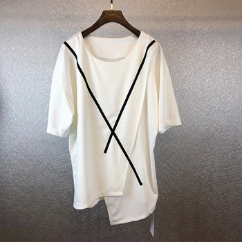 Vasarā jauni Harajuku stils līnijas izšūšanas zaudēt īsām piedurknēm T-kreklu dizaineris viltus divas neregulāru apakšmalu moderns T vīriešiem